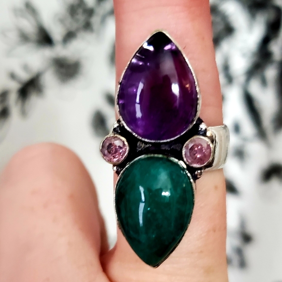 New Amethyst, Emerald & Pink Topaz 925 Silver Statement Ring. - Picture 3 of 7